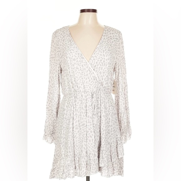 Altar'd State Dresses & Skirts - Altar’d State NWT Wrap Dress White & Gray Animal Print, Ruffle Hem Long Sleeve L
